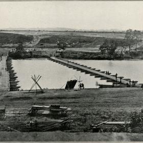 Photograph of the pontoon boat bridges across the Rappahannock River. 
